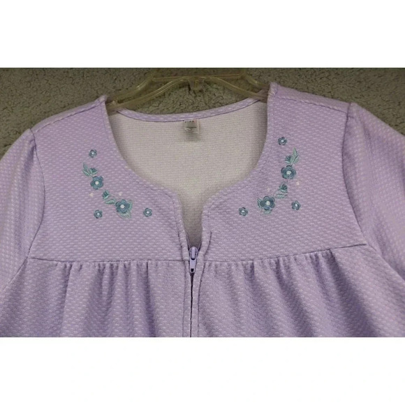 Pink K Women's Purple Full Zip Embroidered Pajama Gown-Medium-Pockets - Picture 2 of 11